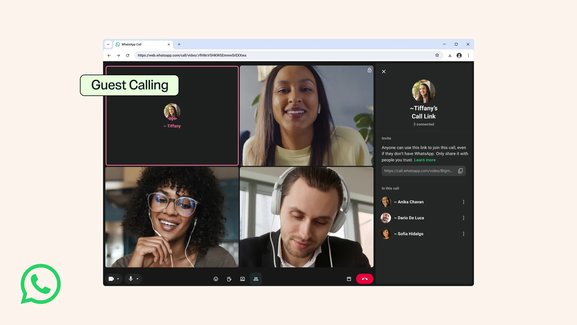 Interfaz promocional de una llamada de WhatsApp con invitados desde el navegador