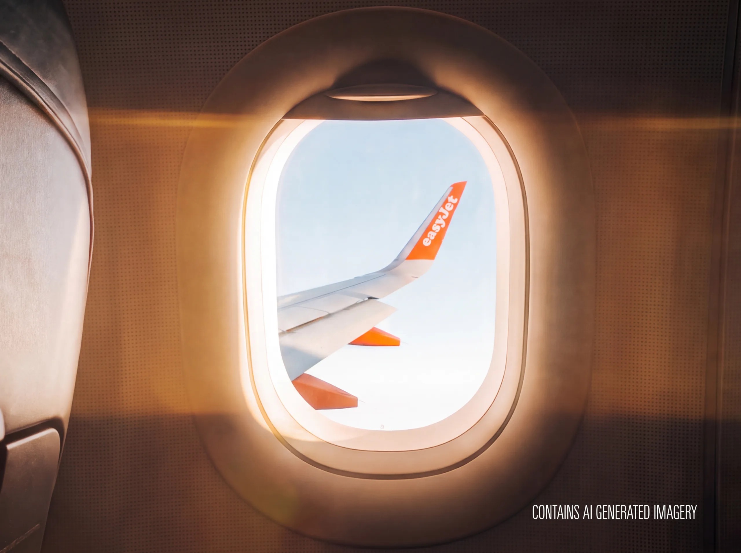 Imagen promocional de easyJet con elementos generados por IA: ala de avión vista desde una ventanilla